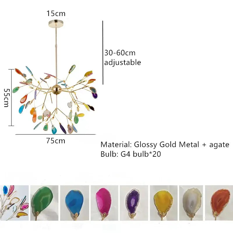 A vibrant decorbites colorful agate chandelier with glossy gold metal arms and multicolored agate slices for dining room and bedroom