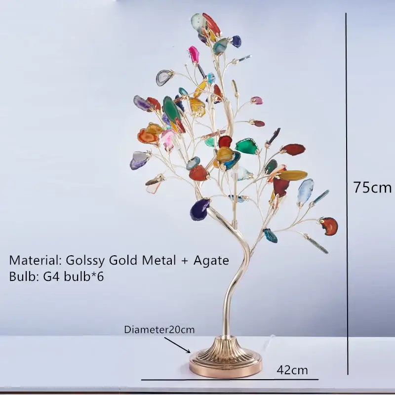 A 75cm decorbites colorful agate tree sculpture with gold metal base and translucent stones for dining room and bedroom