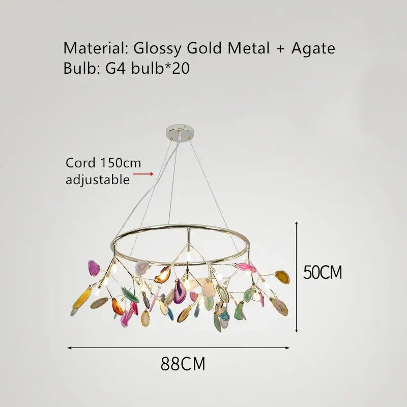 Glossy gold metal decorbites colorful agate chandelier with leaf-shaped pendant lights for dining room and bedroom