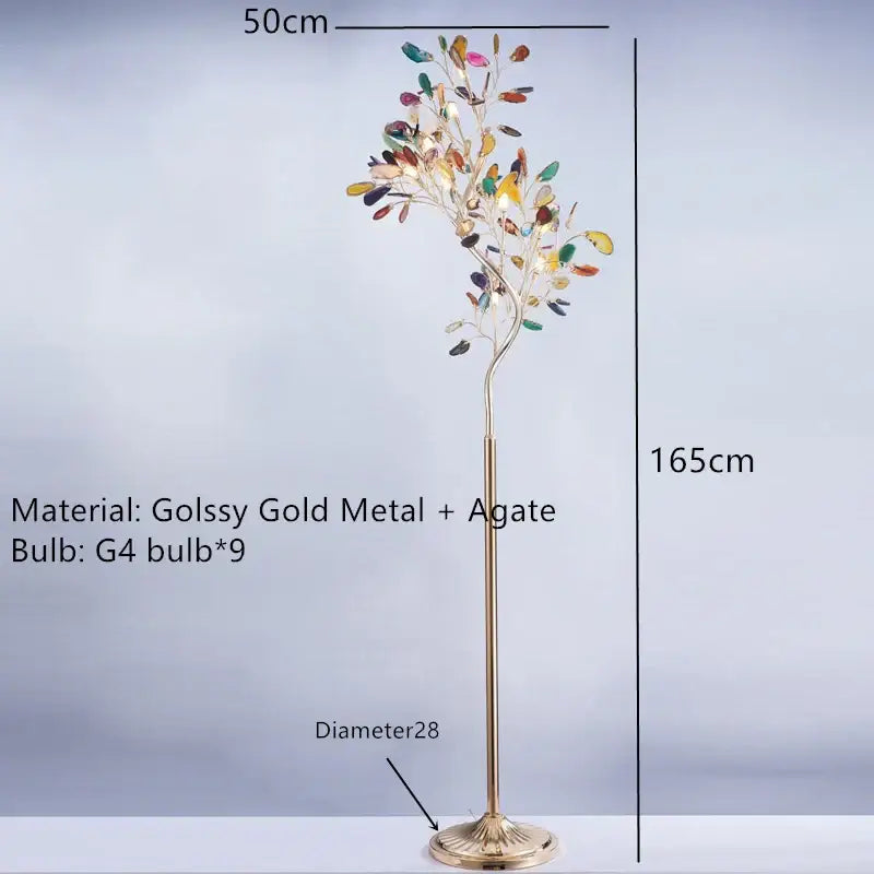A 165cm tall decorbites colorful agate floor lamp with gold metal stem and glowing agate leaves for dining room