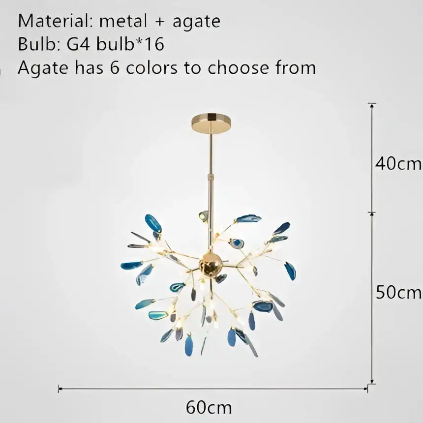 A decorbites colorful agate led leaf chandelier with gold metal frame and 16 blue agate accents for bedroom lighting