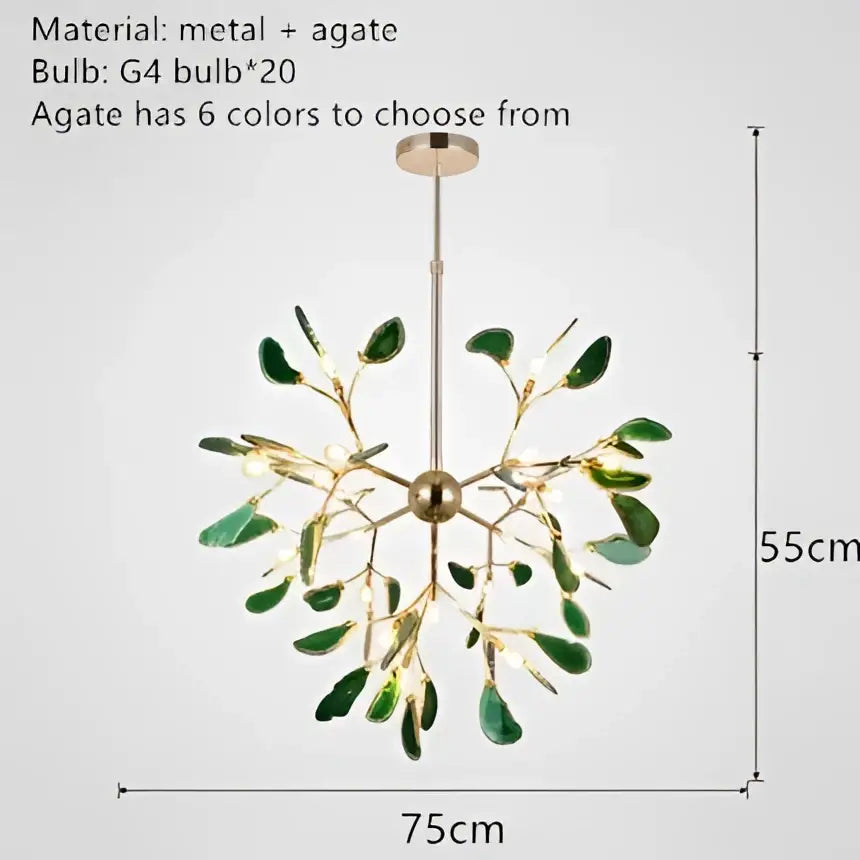 A decorbites colorful agate bedroom pendant light with brass metal frame and green leaf-shaped agate led accents