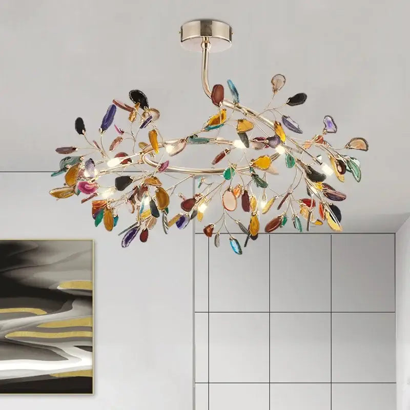 Decorbites colorful agate led bedroom pendant light with vibrant amber teal purple gold glass leaf chandelier