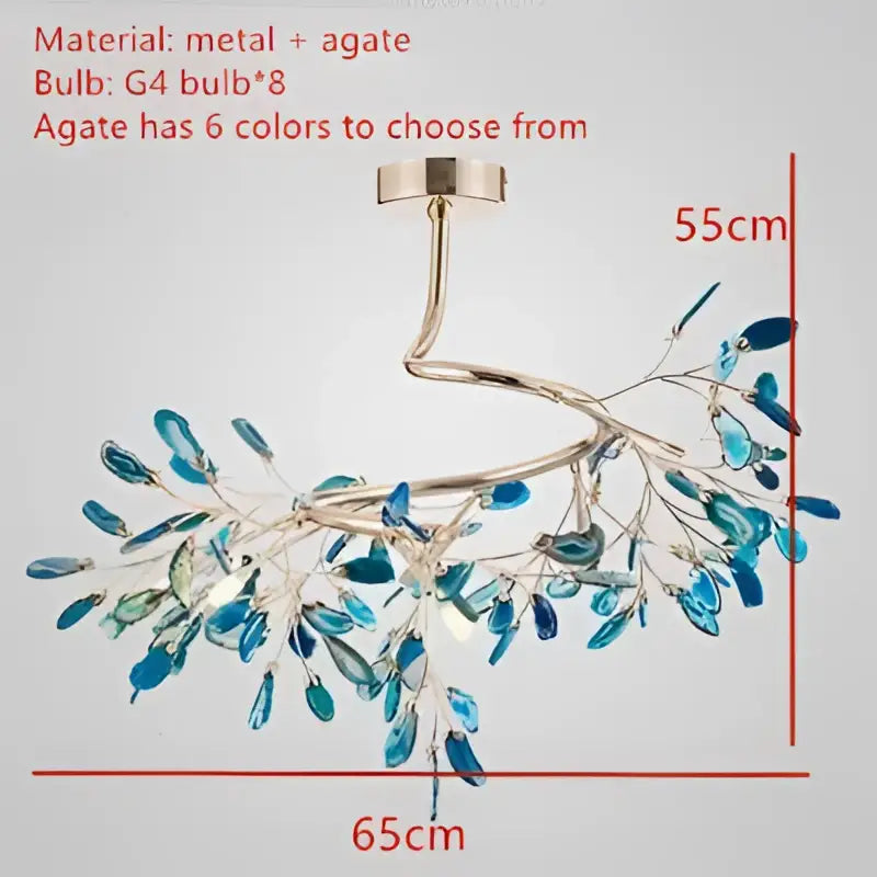 Decorbites colorful agate led leaf chandelier featuring blue and clear teardrop agate beads on gold metal frame