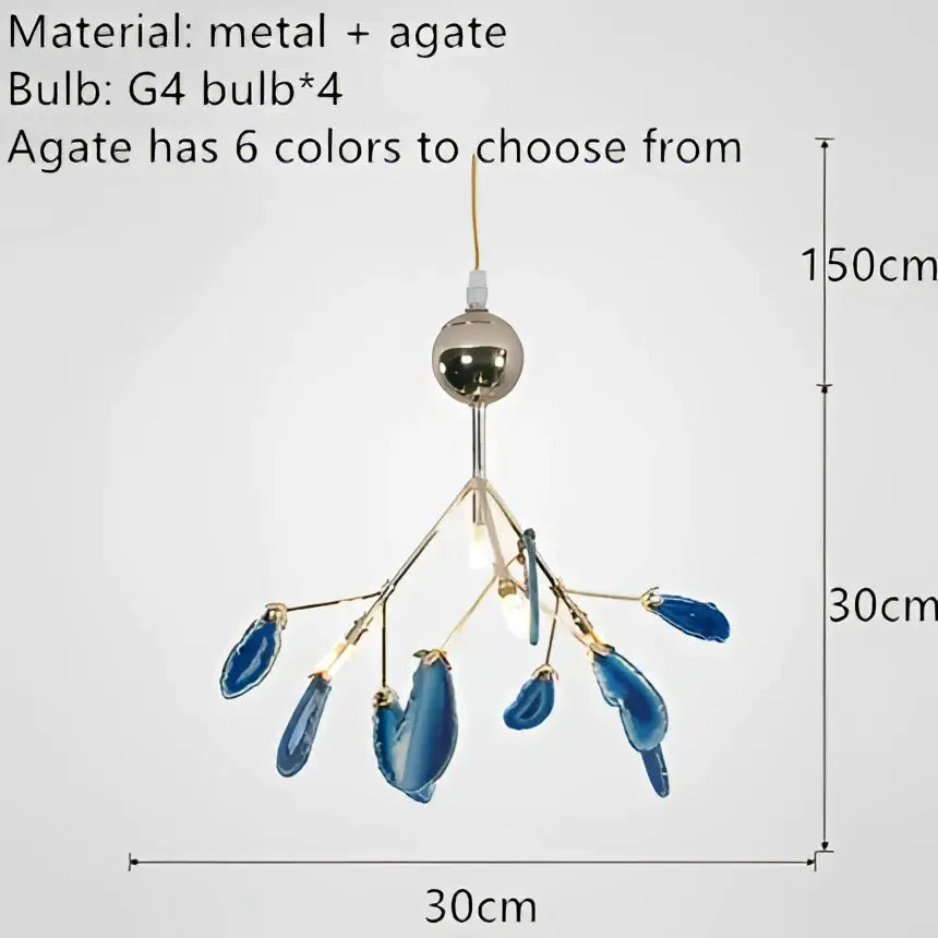 Decorbites colorful agate blue agate pendant chandelier with metallic branches and spherical top for bedroom lighting