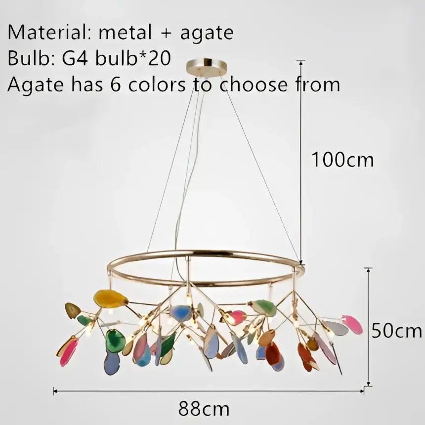 A modern decorbites colorful agate led leaf chandelier with metallic ring frame and multicolored agate pendants for bedroom
