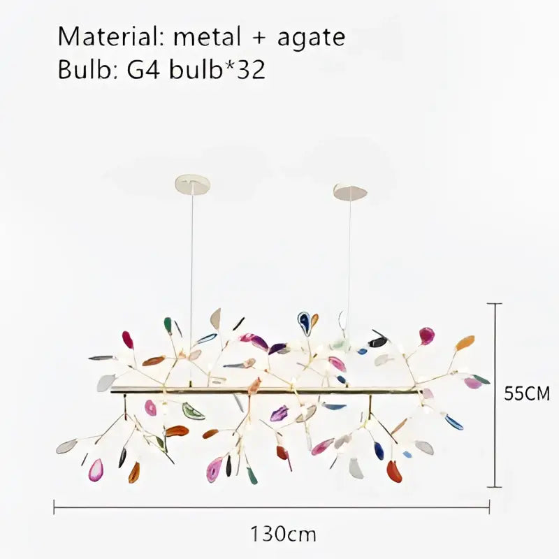 A modern 130cm decorbites colorful agate led leaf chandelier with metallic frame and colorful agate ornaments for bedroom