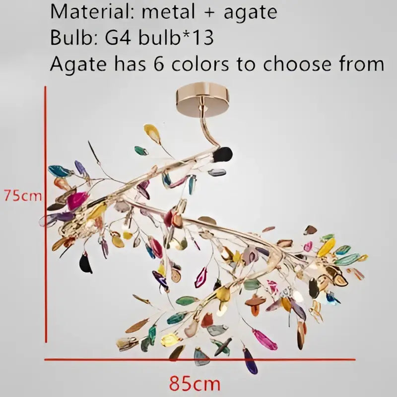 Decorbites colorful agate led leaf chandelier with metallic arms and multicolored agate leaves for bedroom pendant light