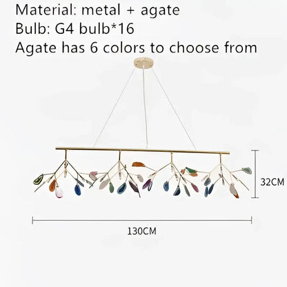 A modern 130cm decorbites colorful agate led leaf chandelier with gold metal frame and six color agate accents for bedroom