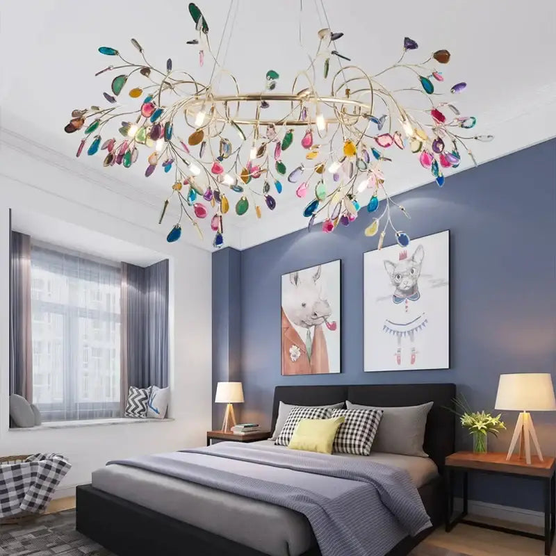 A decorbites colorful agate led leaf chandelier with gold metal arms and colorful teardrop glass pendants for bedroom lighting