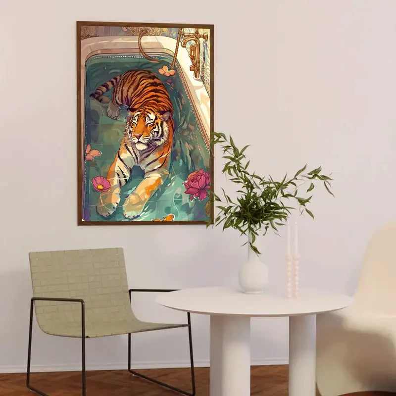 A colorful canvas painting of a tiger in an ornate bathtub with pink lotus flowers for home decor by DecorBites™