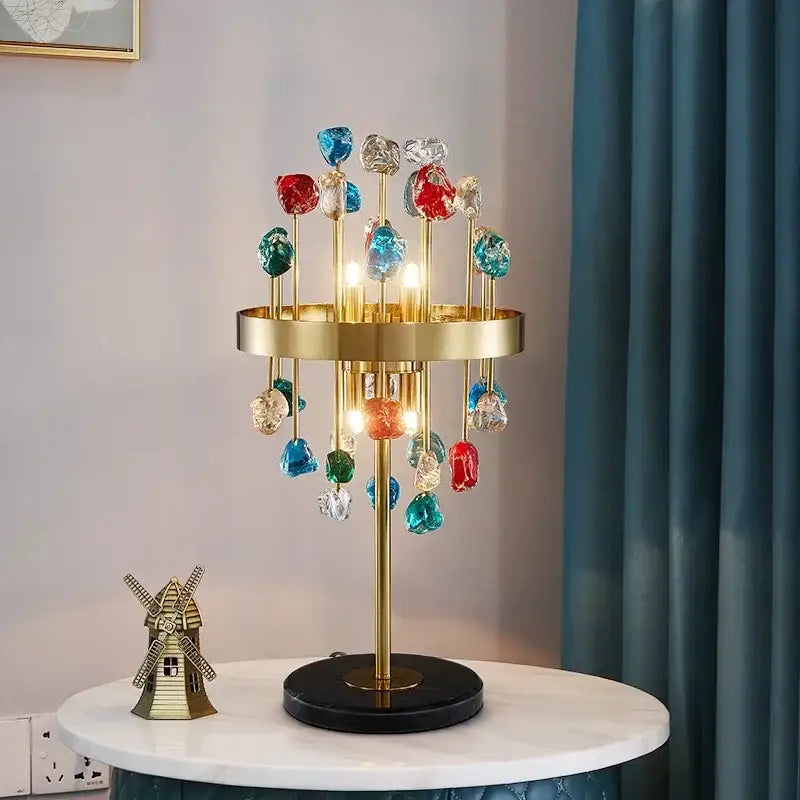 A vibrant multi tiered table lamp with gold metal frame and colorful glass gemstone accents for dining room decorbites colorful crystal chandelier