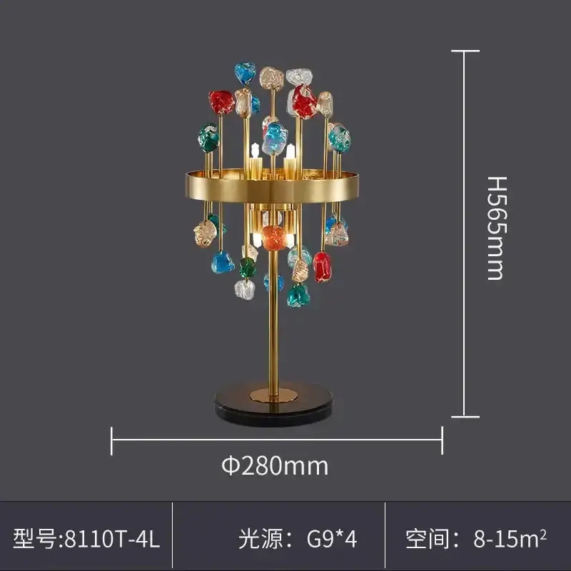 A modern gold-toned table lamp with colorful crystal ornaments inspired by decorbites colorful crystal chandelier