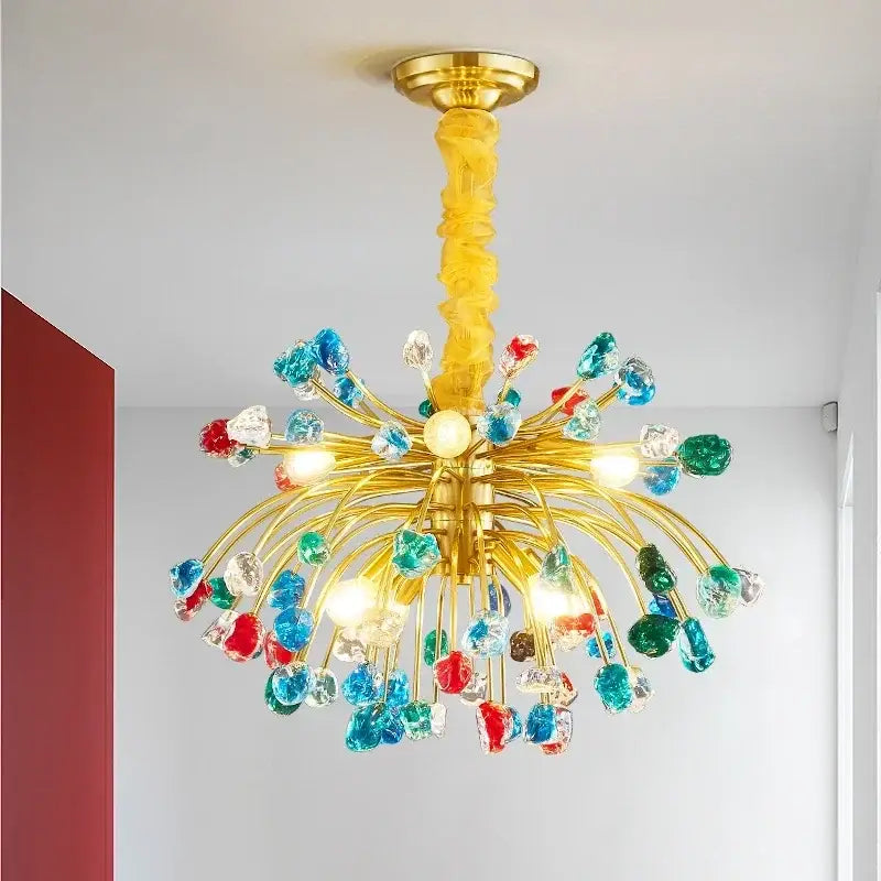 A decorbites colorful crystal chandelier with golden twisted stem and multicolor beads for dining room pendant light