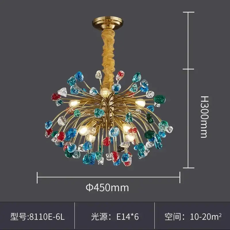 A decorbites colorful crystal chandelier with gold-toned arms and multicolored gemstones for dining room lighting