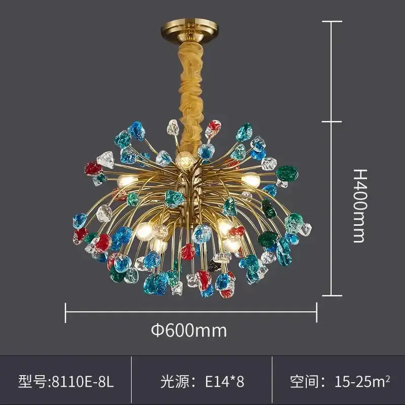 A decorbites colorful crystal chandelier featuring gold-toned arms with red blue green and clear beads for dining room use