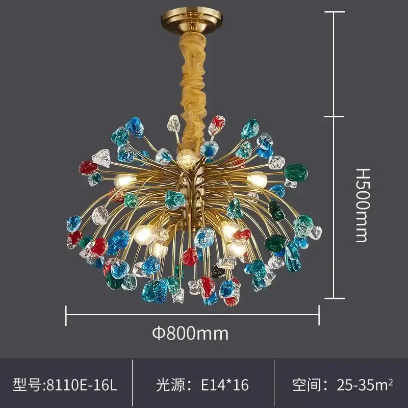 A decorbites colorful crystal chandelier with a gold twisted stem and multi-colored droplets for dining room lighting