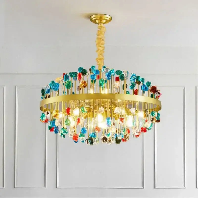 Vibrant decorbites colorful crystal chandelier with gold metal frame and multicolor beads for dining room pendant light