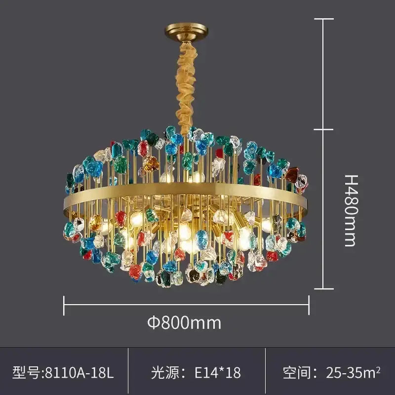A decorbites colorful crystal chandelier with a golden frame and multicolor beads for dining room pendant lighting