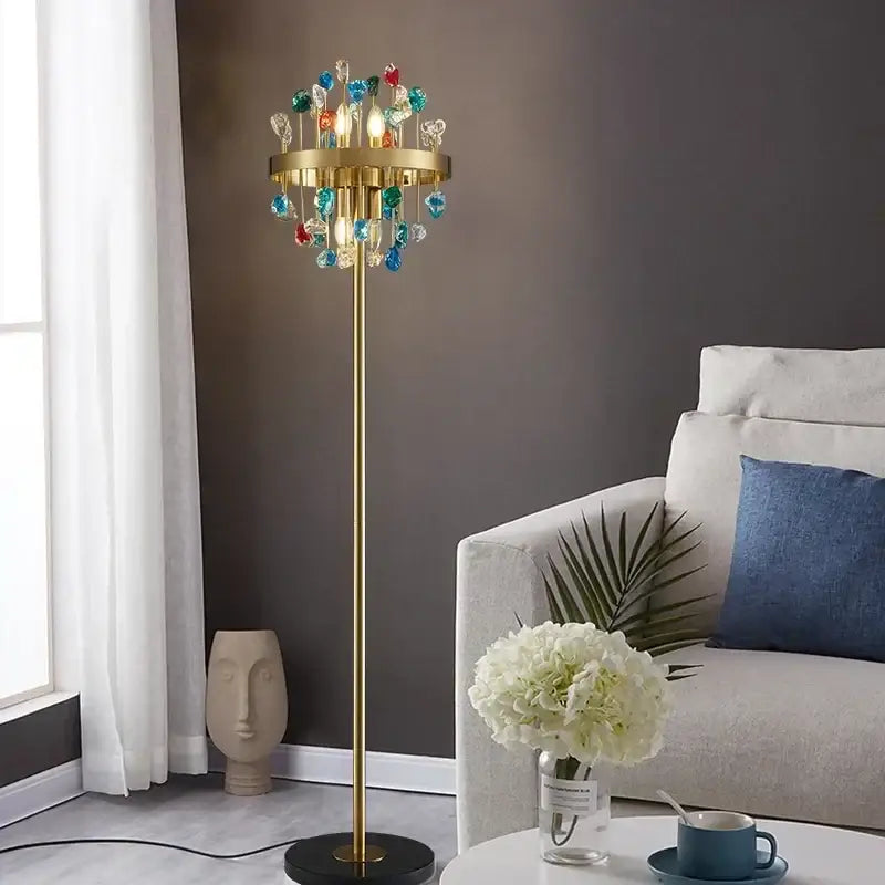 Gold-toned floor lamp with colorful glass beads in red blue and clear hues for dining room decorbites colorful crystal chandelier