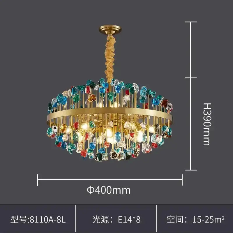 Gold-toned decorbites colorful crystal chandelier with spiral chain and multicolored crystals for dining room pendant light