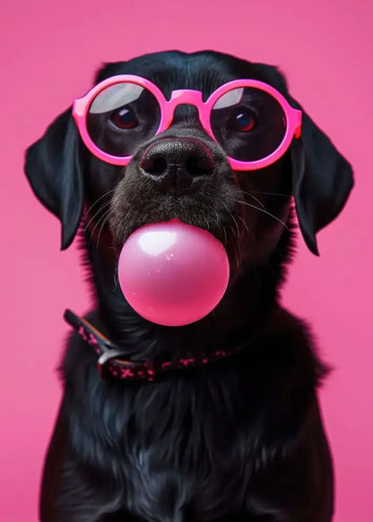 Decorbites™ colorful dog sunglasses wall art featuring a black labrador with bright pink round bubblegum sunglasses