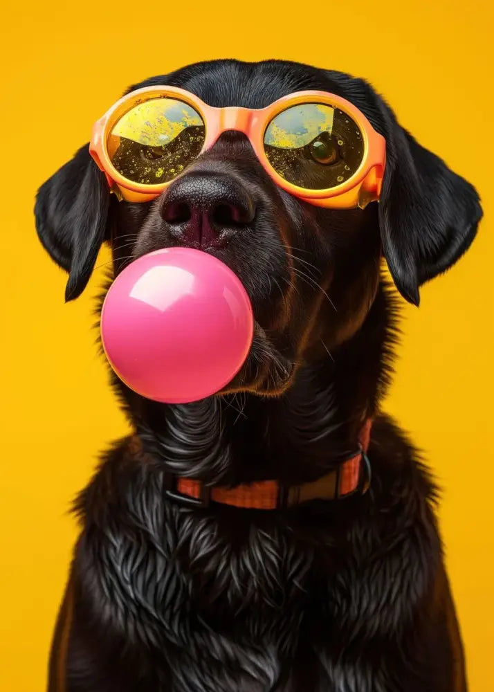 Decorbites™ colorful dog sunglasses canvas wall art featuring a black labrador with orange bubblegum sunglasses