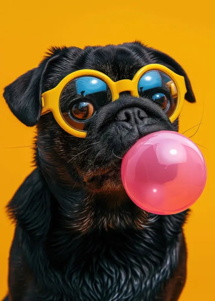 A black pug wearing colorful dog sunglasses with bright yellow frames and reflective blue lenses blowing bubblegum in wall art