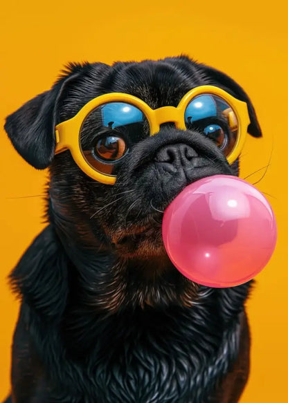 A black pug wearing colorful dog sunglasses with bright yellow frames and reflective blue lenses blowing bubblegum in wall art