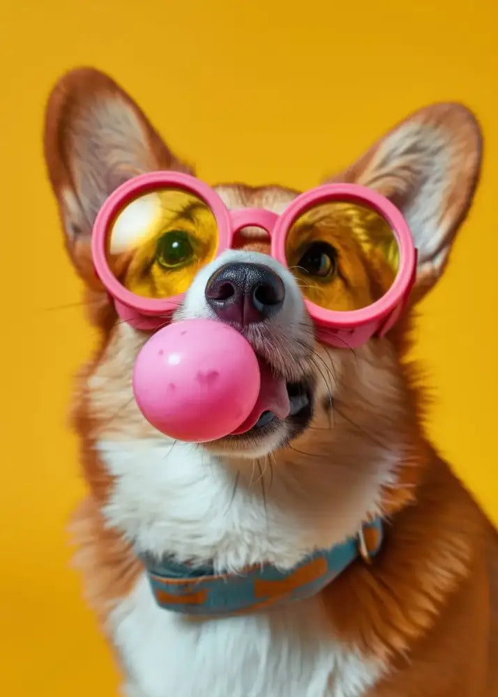 DecorBites™ wall art featuring a corgi with bubblegum pink colorful dog sunglasses and a blue collar with orange bones