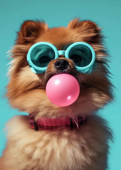 Decorbites™ colorful dog sunglasses canvas wall art featuring a fluffy tan pomeranian with bubblegum sunglasses
