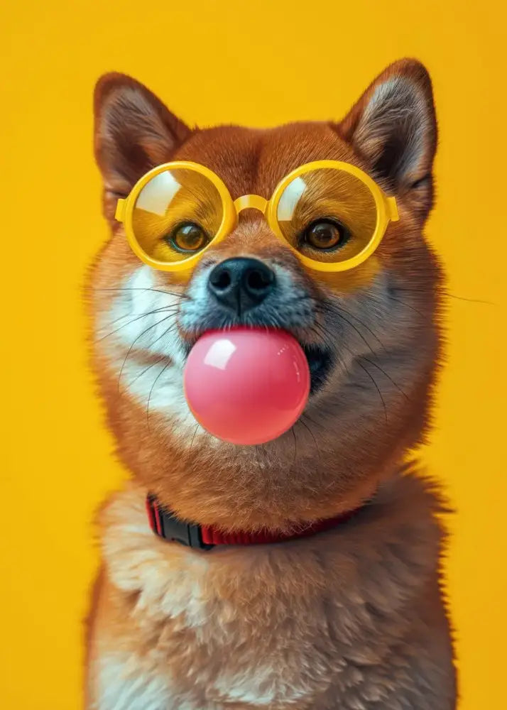 DecorBites™ wall art featuring a fluffy tan shiba inu with colorful dog sunglasses and pink bubblegum sunglasses
