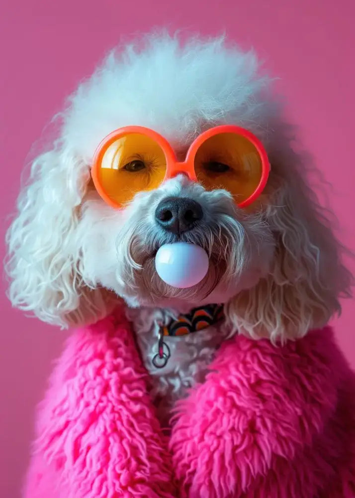 Decorbites™ colorful dog sunglasses canvas wall art featuring a white poodle in bright orange bubblegum sunglasses and pink coat