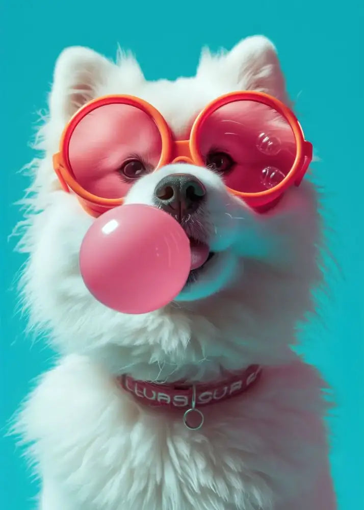 DecorBites™ colorful dog sunglasses canvas wall art featuring a fluffy white dog with orange bubblegum sunglasses