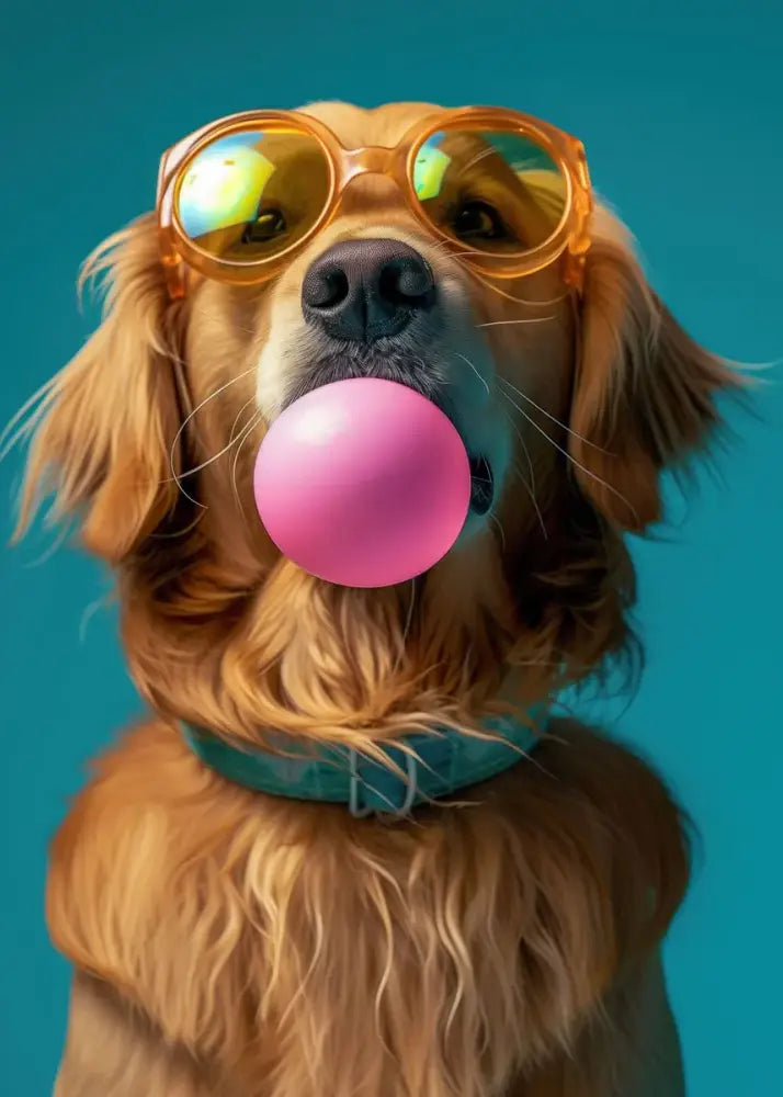 Decorbites™ colorful dog sunglasses canvas wall art featuring a golden retriever with orange bubblegum sunglasses