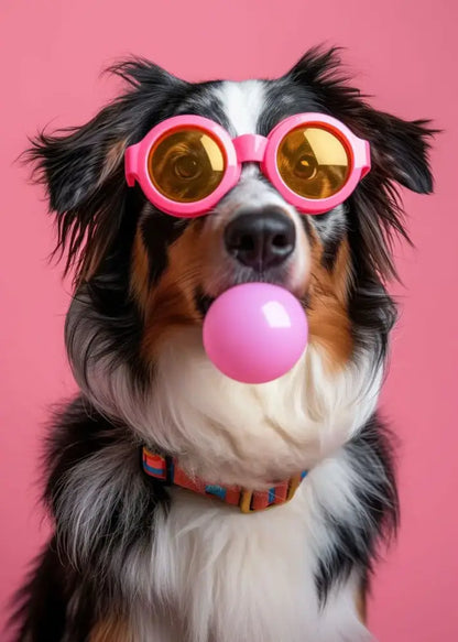 A tri-color australian shepherd wearing pink-framed colorful dog sunglasses and blowing bubblegum in decorbites™ wall art