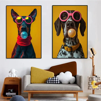Two vibrant framed dog portraits featuring a doberman and dalmatian with colorful dog sunglasses and bubblegum bubbles wall art