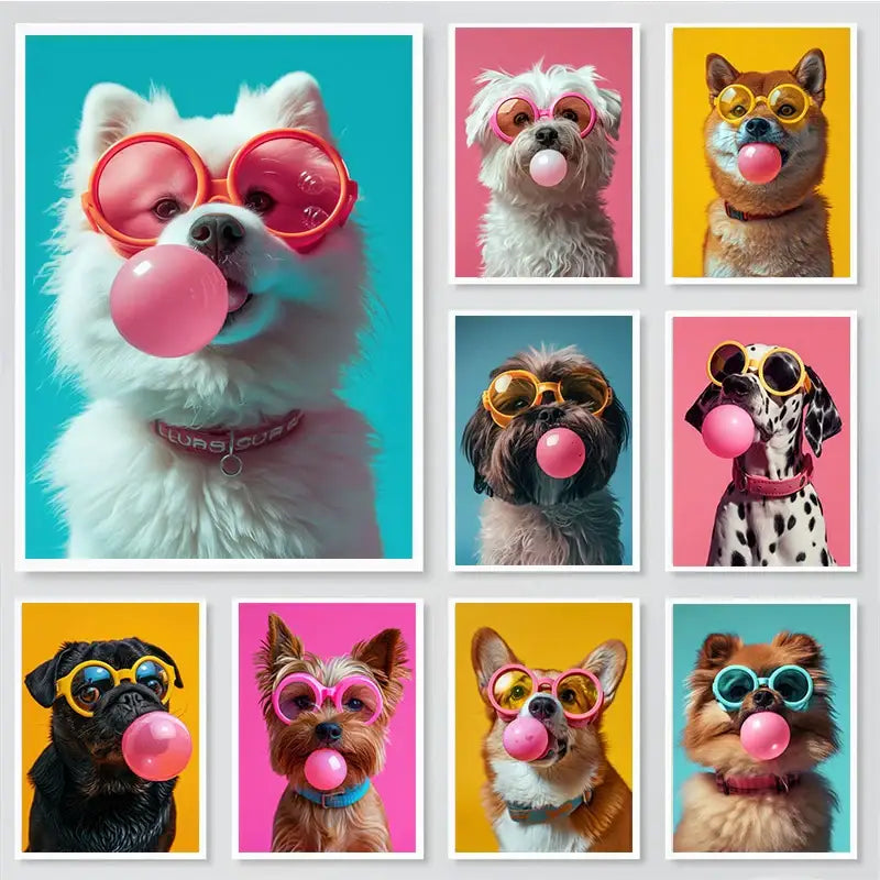 Decorbites colorful dog sunglasses canvas wall art featuring nine dogs with bubblegum sunglasses on vibrant backgrounds