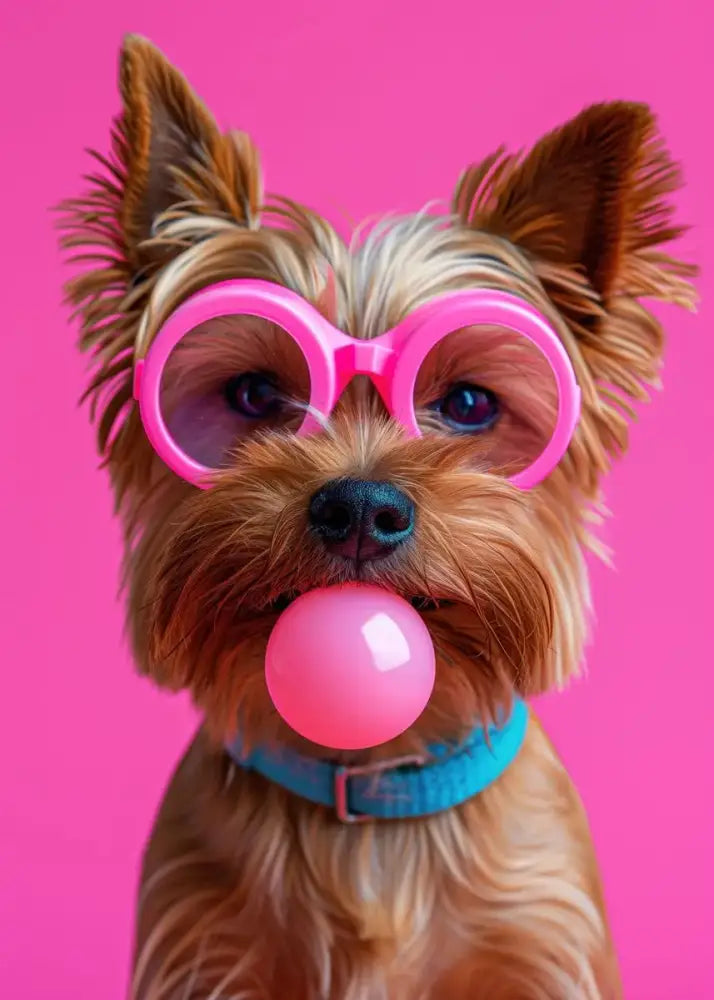 Decorbites™ colorful dog sunglasses wall art featuring a yorkshire terrier with bright pink bubblegum sunglasses