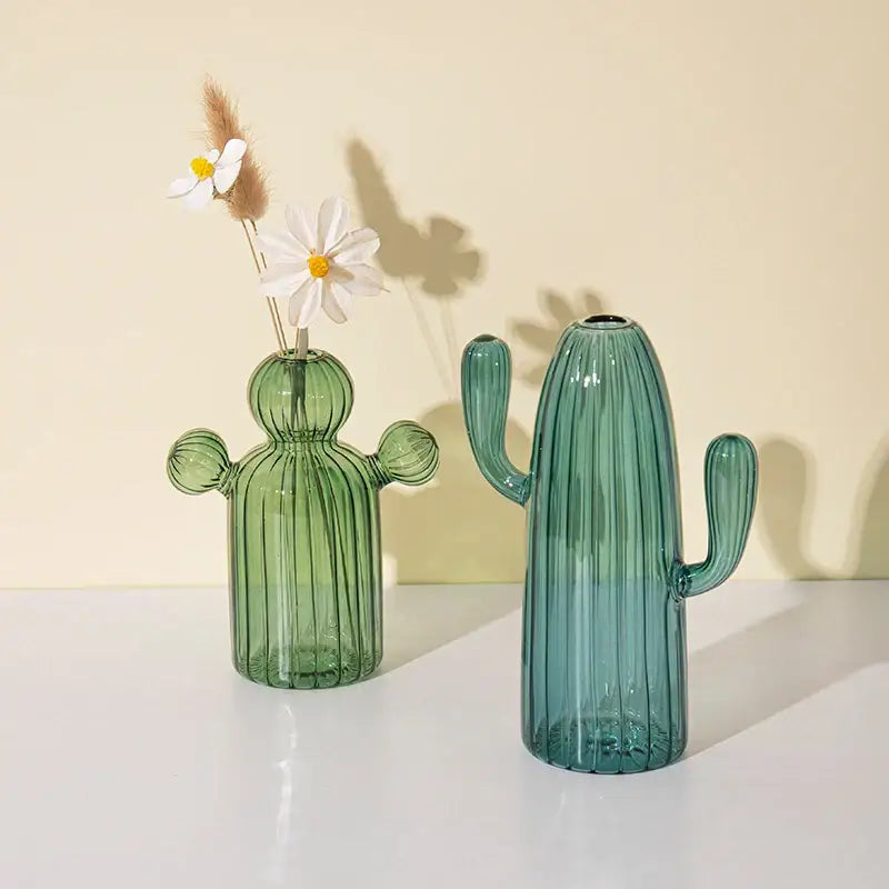 Decorbites™ colorful cactus glass vase set with two translucent green glass vases in lighter and teal hues