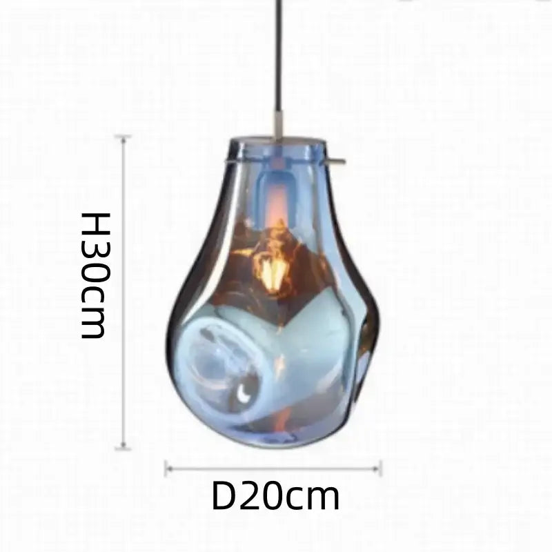 A translucent blue glass pendant light with a bulbous teardrop shape from decorbites colorful glass chandelier collection