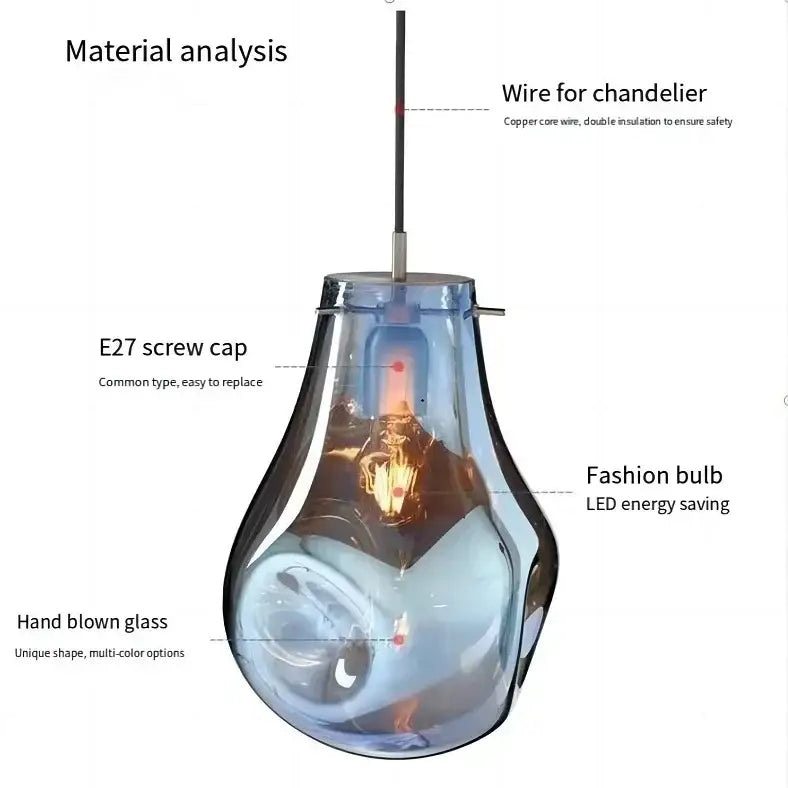 A translucent blue hand-blown glass pendant light with e27 screw cap and led bulb from decorbites colorful glass chandelier collection