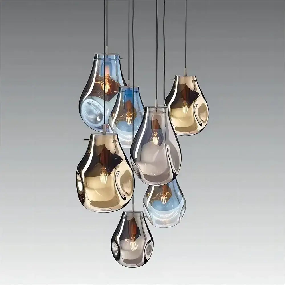 Modern pendant light with seven teardrop colorful glass shades in gold and blue by Decorbites colorful glass chandelier