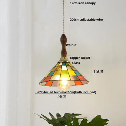 Decorbites colorful glass magic cube pendant light with stained glass, walnut iron canopy, and copper socket for dining room