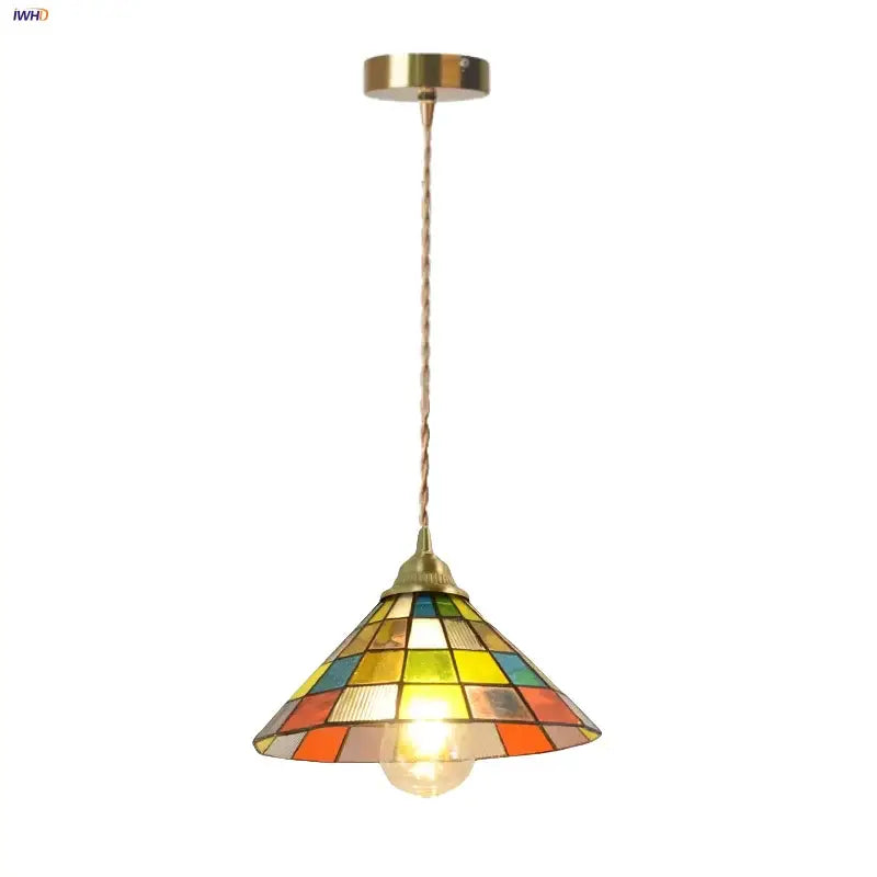 Decorbites colorful glass magic cube pendant light with stained glass shade and brass ceiling mount for dining room