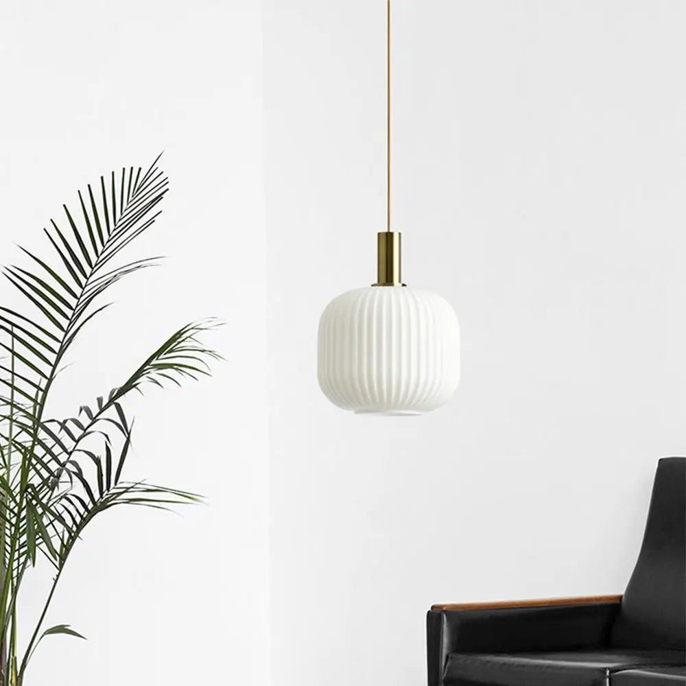 White ribbed glass pendant light with brass-finished metal fixture from decorbites colorful glass pendant lights collection