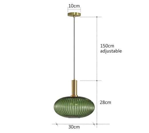 DecorBites™ colorful glass pendant lights featuring a green ribbed glass shade with brass accents and adjustable chain