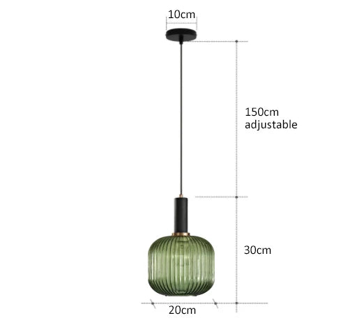Green ribbed glass pendant lights with black metal hardware from DecorBites colorful glass pendant lights collection for retro style
