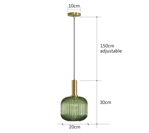 Decorbites™ colorful glass pendant lights featuring green ribbed glass with brass accents and adjustable chain