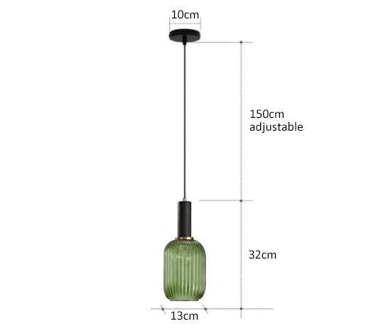 Decorbites™ colorful glass pendant lights featuring green ribbed glass and black metal hardware for retro style
